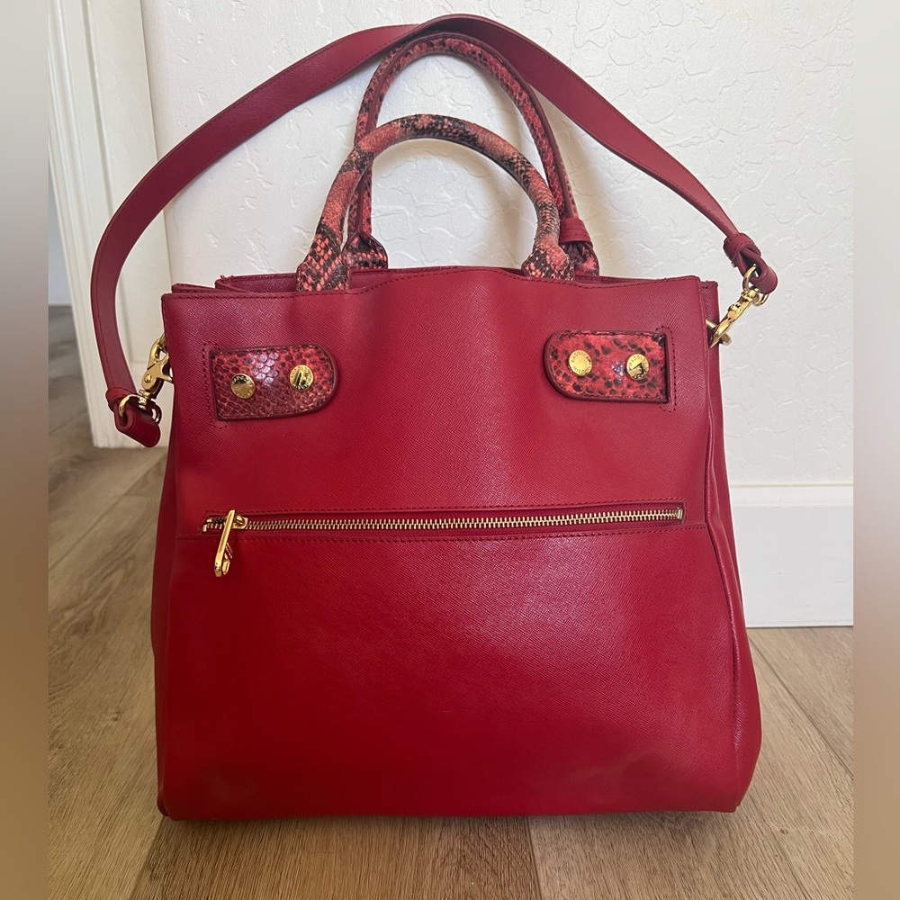 $498 Badgley Mischka "irene" Red Saffiano Leather Snake Tote Satchel